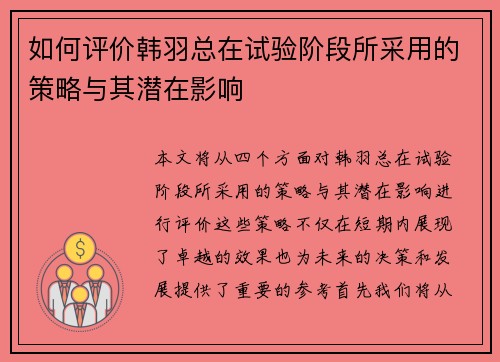 如何评价韩羽总在试验阶段所采用的策略与其潜在影响