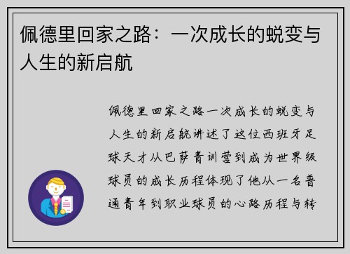 佩德里回家之路：一次成长的蜕变与人生的新启航